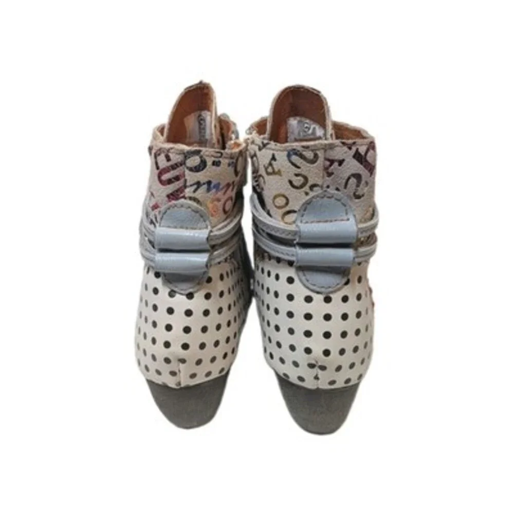 Maia Boho White Shoes Leather Lace-up Low Heel Ankle Boots EU 39 US 8.5 Polkadot